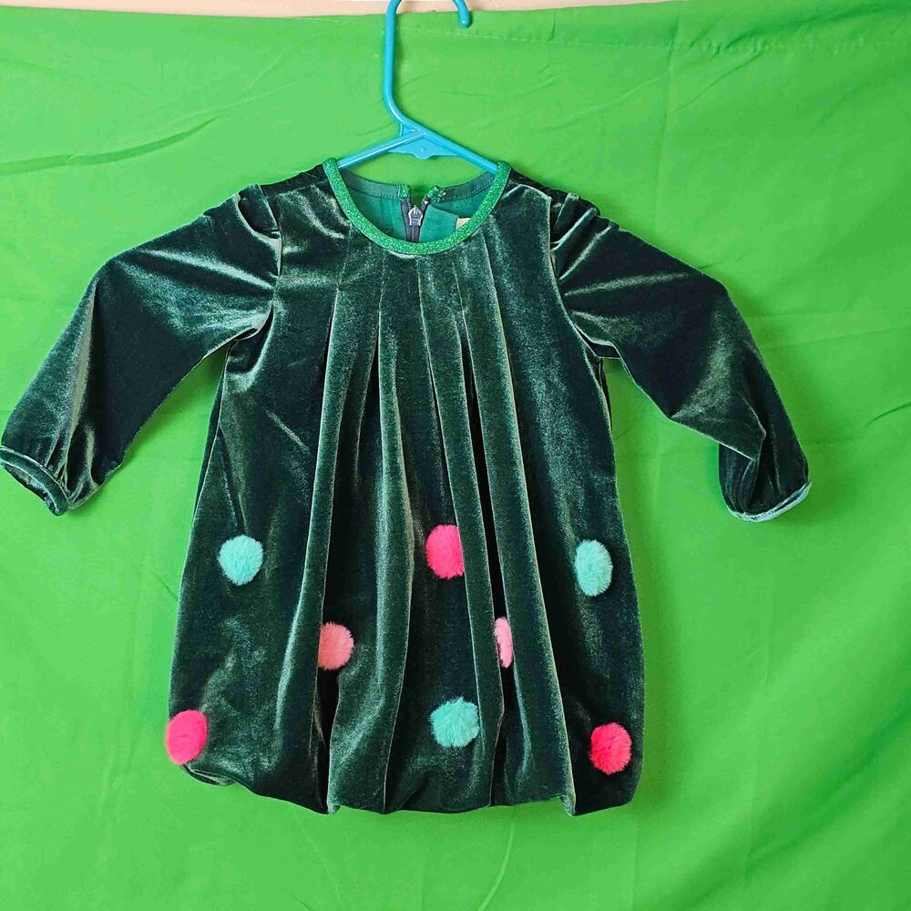 Catimini Girls Green Velvet Pom Pom Christmas Bubble Dress 12 Months